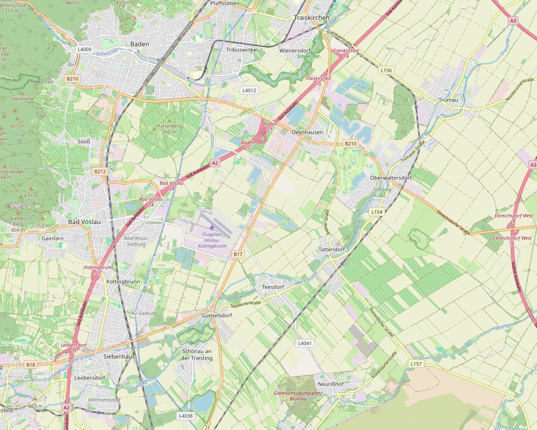 Kartenausschnitt der Thermenregion südlich von Wien: Teesdorf in der Mitte, ringsum Baden, Traiskirchen, Bad Vöslau, Kottingbrunn und Leobersdorf, links die A2